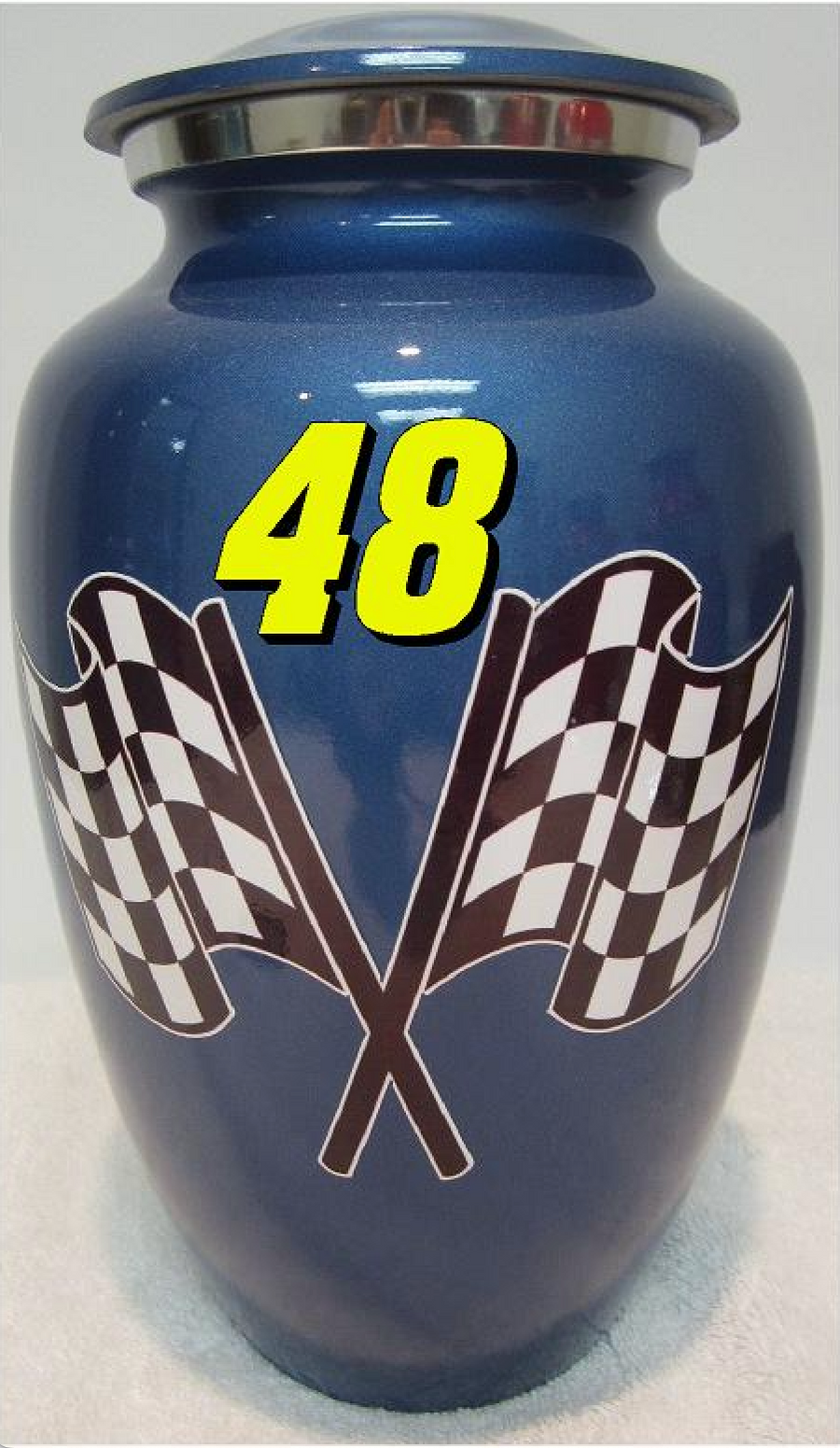 Blue Racing Classic Vase Cremation Urn Shown with Dog Tag  - 232