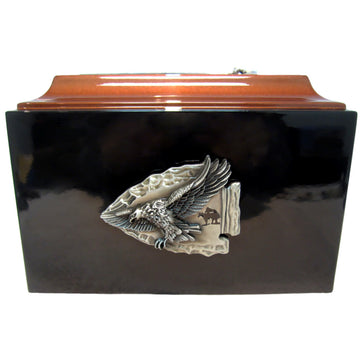 Arrowhead Fiberglass Box Cremation Urn Shown with 3D Solid Metal Medallion