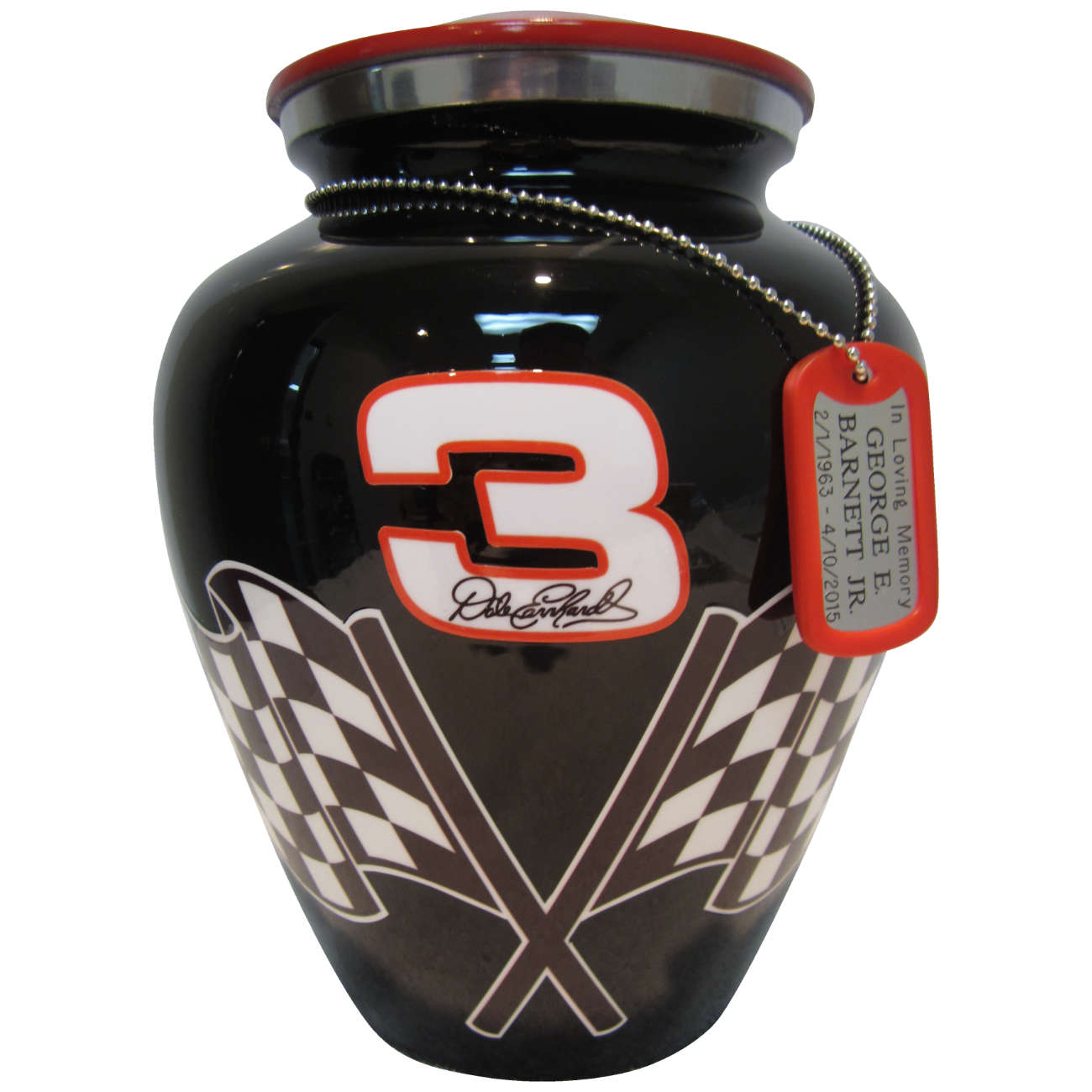 Black Checkered Flag #3 Niche Vase Cremation Urn Shown with optional Dog Tag - 233