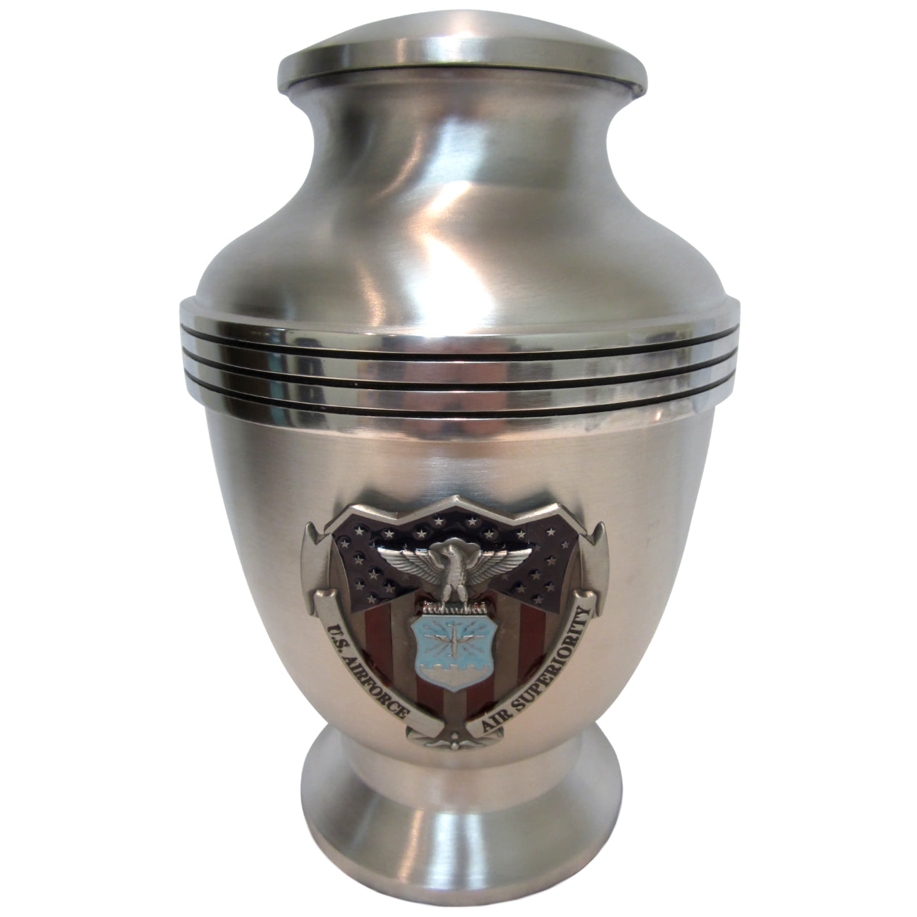 Air Force 3-Ring Aluminum Cremation Urn Shown with 3D Solid Metal Medallion - 424