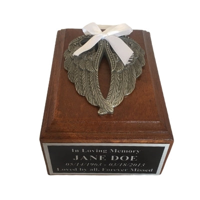 Products Angel Wings Infant Wooden Box Cremation Urn Shown with 3D Solid Metal Medallion