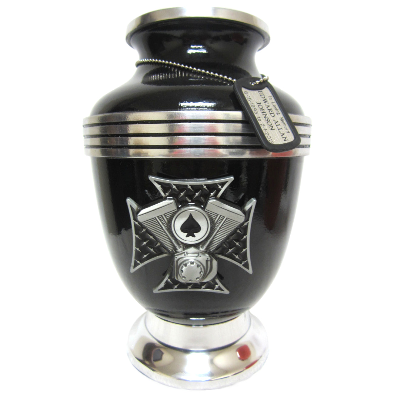 Black Ace of Spades Military 3-Ring Aluminum Cremation Urn Shown with 3D Solid Medallion and Dog Tag - 329