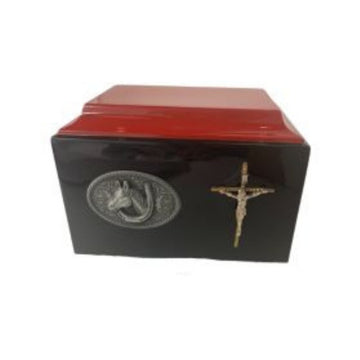 Cross Fiberglass Box Cremation Urn Shown with 3D Solid Metal Medallion