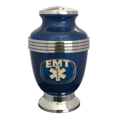 Blue EMT 3-Ring Aluminum Cremation Urn Shown with 3D Solid Metal Medallion – 299