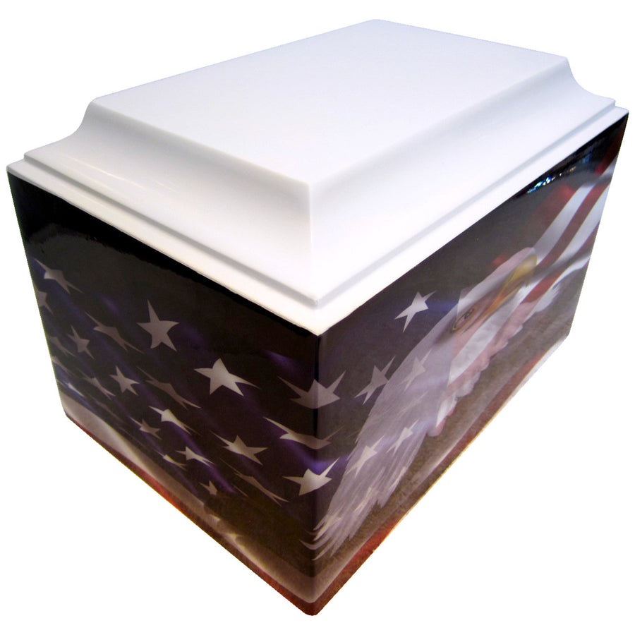Eagle with American Flag Fiberglass Box Cremation Urn Shown with Small Military Round Solid Medallion - 401