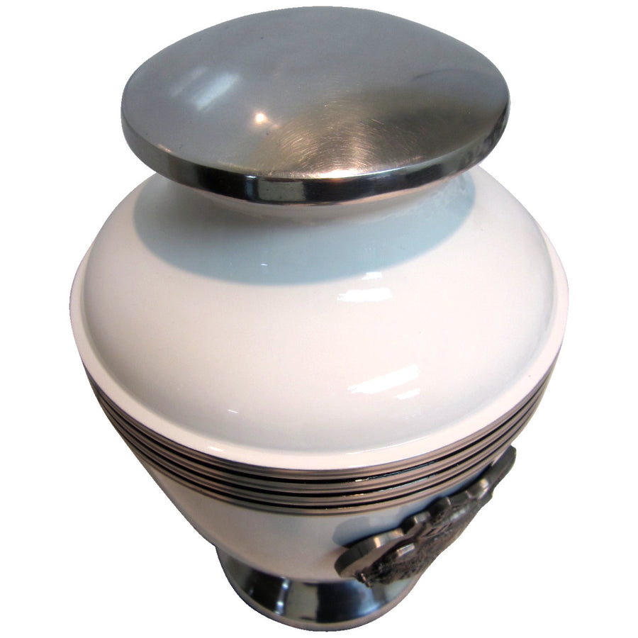 Se muestra una urna de cremación de aluminio de 3 anillos para bombero blanco con medallón de metal sólido 3D - 830