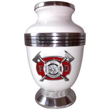 White Firefighter 3-Ring Aluminum Cremation Urn