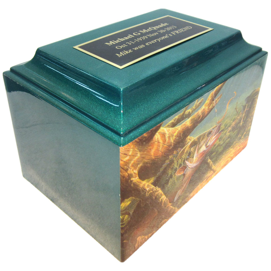 Se muestra la urna de cremación con caja de fibra de vidrio para pesca con placa de identificación de gran tamaño - 508