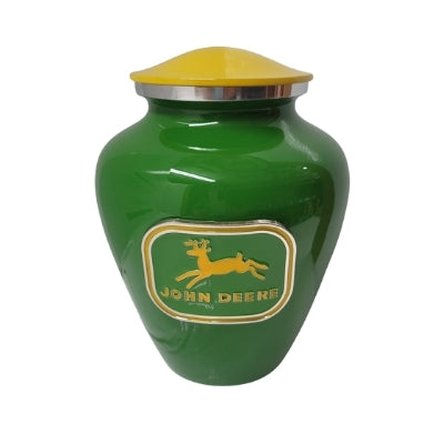 Green & Yellow John Deere Niche Cremation Urn Shown with 3D Solid Metal Medallion - 502