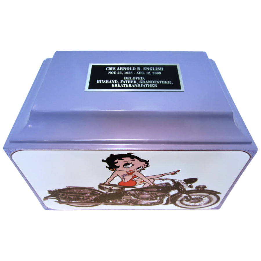 Urna de cremación con caja de fibra de vidrio Betty Boop color lavanda Se muestra con placa de identificación de gran tamaño - 302