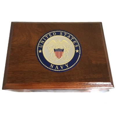 USA Navy Small Wooden Box Cremation Urn Shown with 3D Solid Metal Medallion top view