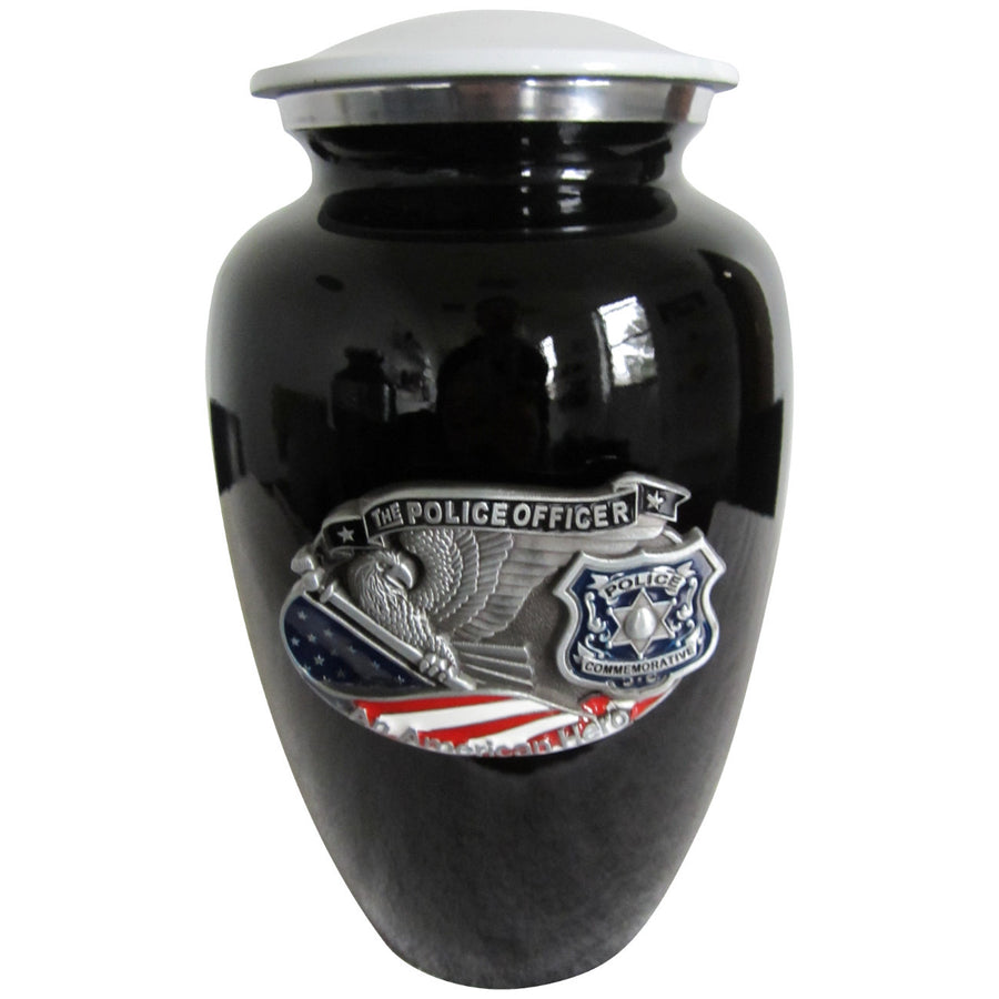 Police Officer with Flag Classic Vase Cremation Urn Extra Large Shown with  3D Solid Metal Medallion - 835