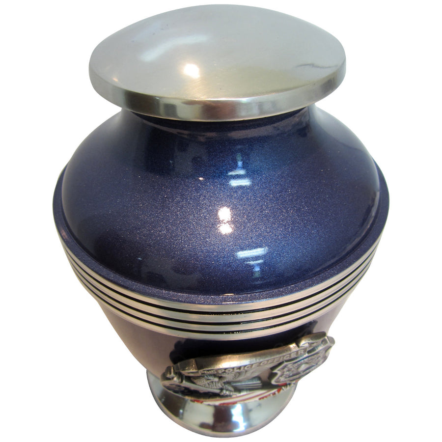 Blue Police Officer 3-Ring Aluminum Cremation Urn Shown with 3D Solid Metal Medallion - 848