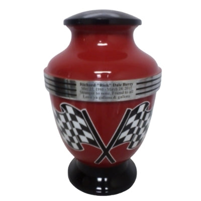 Red Checkered Flag Motorcycle 3-Ring Aluminum Cremation Urn - 200