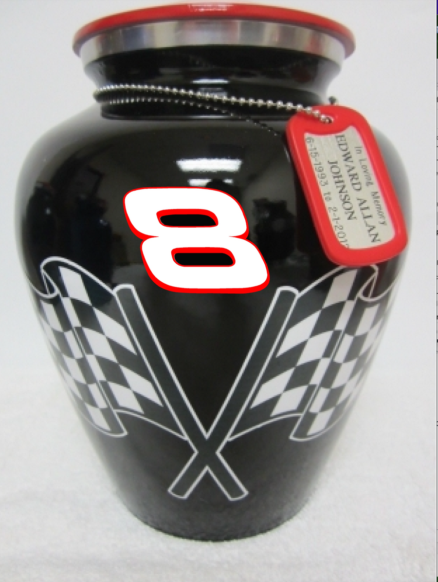 Urna de cremación con jarrón clásico Blue Racing mostrada con etiqueta para perro - 232