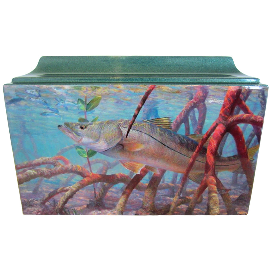 Se muestra una urna de cremación con caja de fibra de vidrio para pesca de róbalo con placa de identificación de gran tamaño - 819