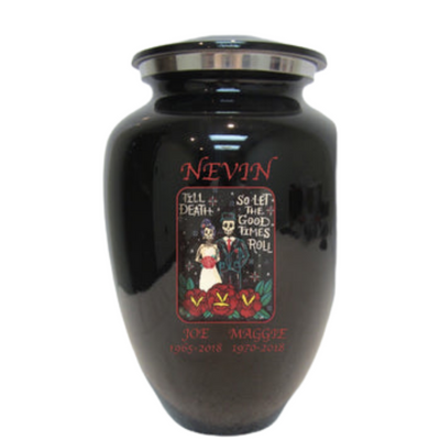solid black cremation urn with image on the front
