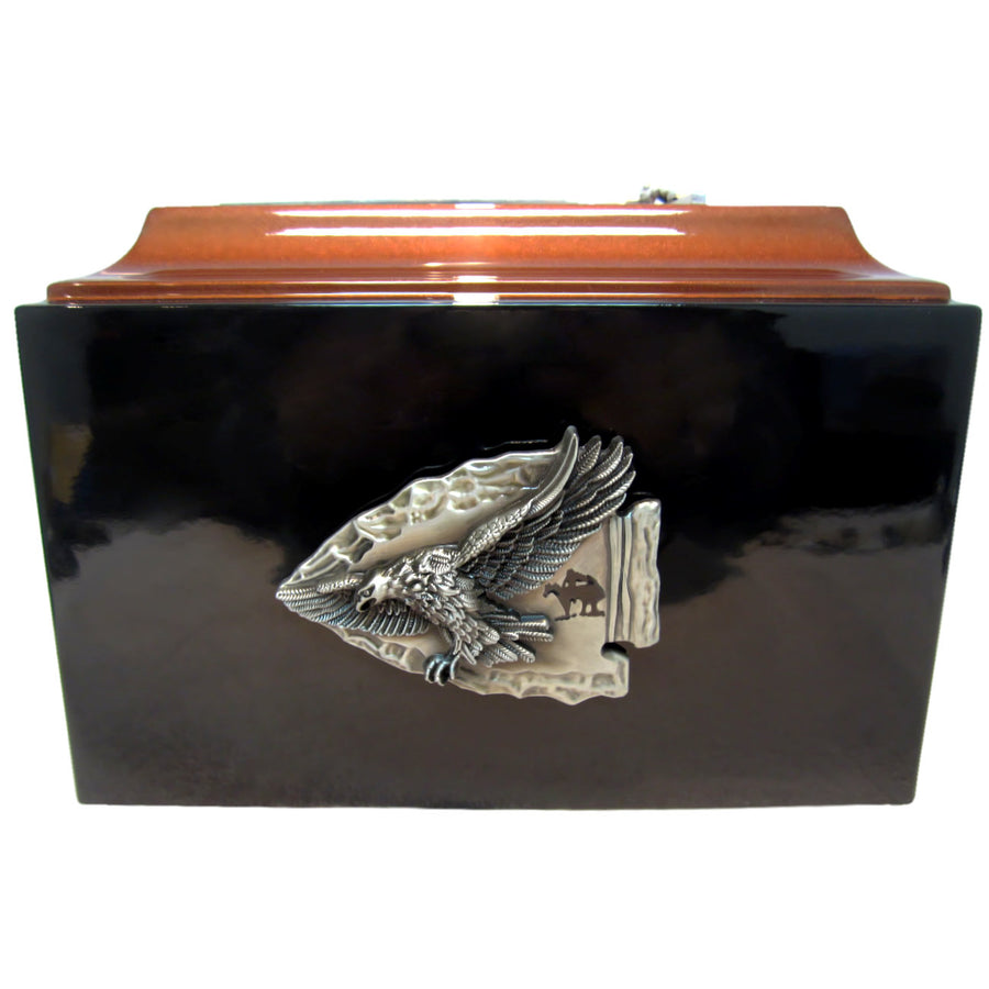 Arrowhead Fiberglass Box Cremation Urn Shown with 3D Solid Metal Medallion