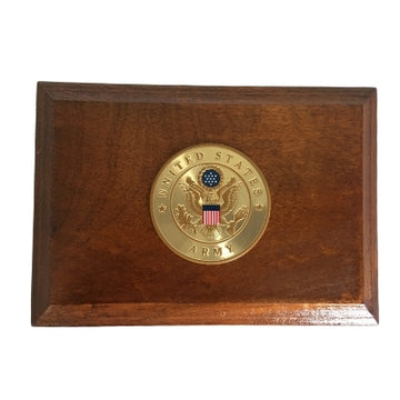 USA Army Large Wooden Box Cremation Urn Shown with 3D Solid Metal Medallion top view