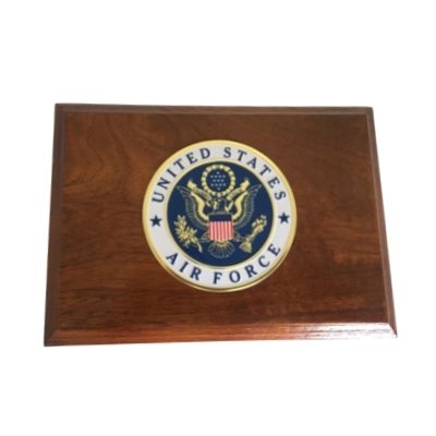 USA Air Force Large Wooden Box Cremation Urn Shown with 3D Solid Metal Medallion top view