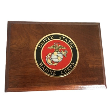 USA Marine Small Wooden Box Cremation Urn Shown with 3D Solid Metal Medallion - 943 top view