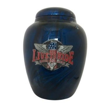 Blue “Live to Ride” Niche Cremation Urn Shown with 3D Solid Metal Medallion - 940