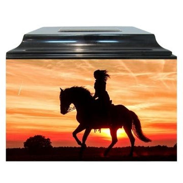 Urne de crémation en boîte en fibre de verre Cowgirl Western Sunset - T109
